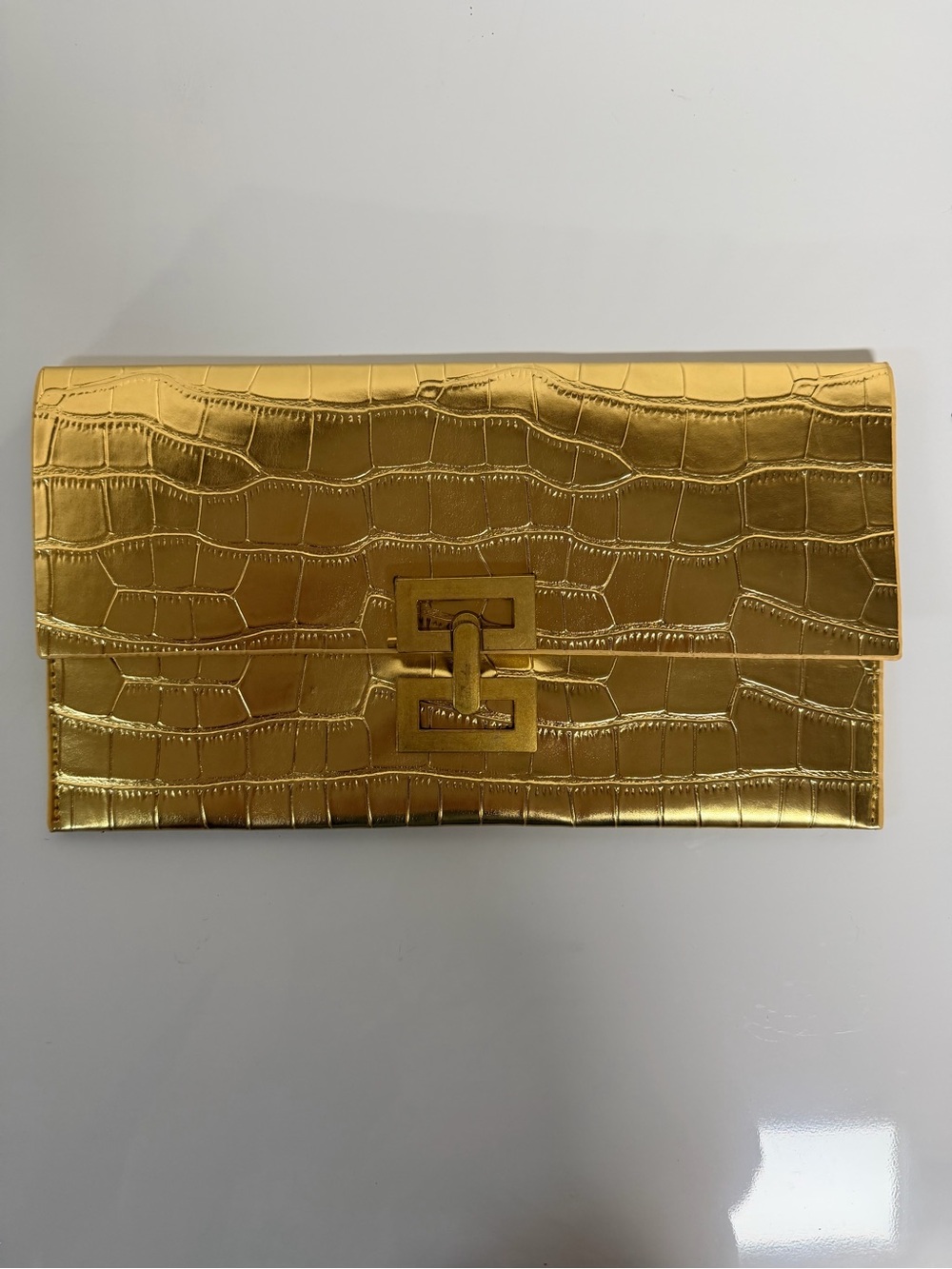 Gold Croc-Embossed faux Leather Envelope Clutch